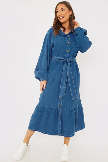 Denim Belted Tiered Midaxi Shirt Dress